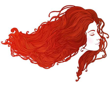 Beauty Salon: Portrait of pretty young woman in profile view with long beautiful red hair. Vector illustrationのイラスト素材