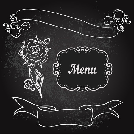 Vector illustration of floral design on blackboard. Stylish concept decoration for a restaurant, coffeehouse, coffee shop menu, wedding invitationのイラスト素材