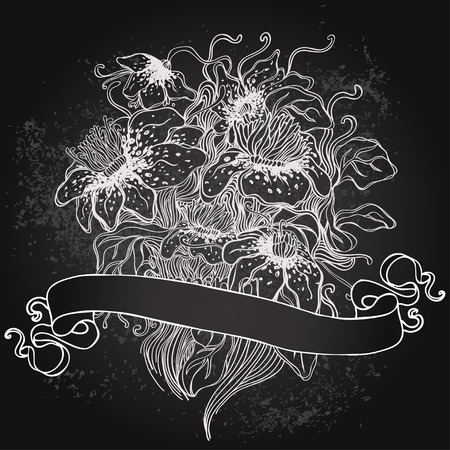 Vector illustration of floral design on blackboard. Stylish concept decoration for a restaurant, coffeehouse, coffee shop menu, wedding invitationのイラスト素材