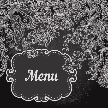 Vector illustration of floral design on blackboard. Stylish concept decoration for a restaurant, coffeehouse, coffee shop menu, wedding invitationのイラスト素材