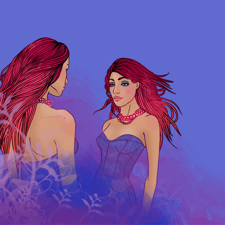 Illustration of Gemini zodiac sign as a two beautiful girlsのイラスト素材