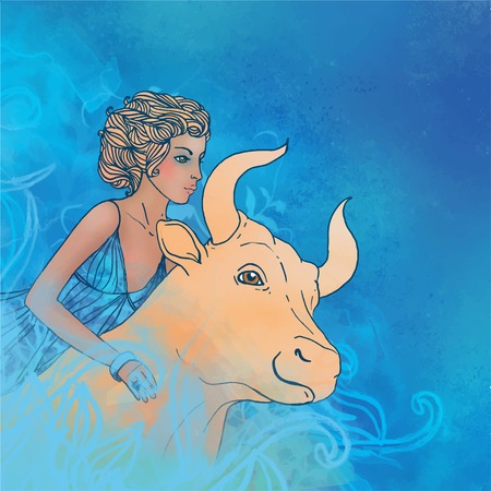 Watercolor illustration of Taurus zodiac sign as a beautiful girl with a bull. Vector version.のイラスト素材