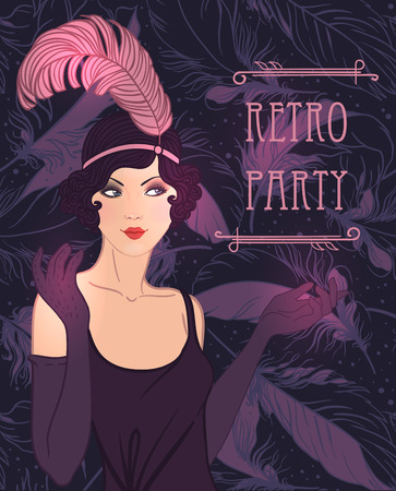 Flapper girl: Retro party invitation design template. Vector illustration.のイラスト素材
