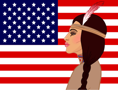 American beauty: beautiful American Indian woman with braided hair and feather. Vector illustration.のイラスト素材