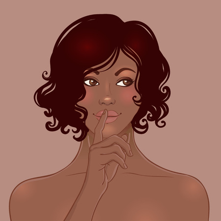 Beautiful African American woman with bare shoulders making a shushing gesture holding her index finger to her lips as she asks for silence or secrecy for a surprise, vector illustration isolatedのイラスト素材