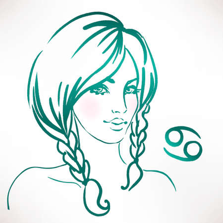 Illustration of Cancer astrological sign as a beautiful girl. Zodiac vector illustration isolated on white. Future telling, horoscope, alchemy, spirituality, occultism, fashion woman.のイラスト素材