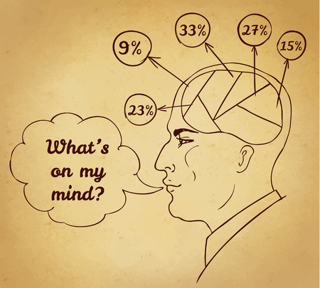 intage style Illustration of a of human face, speech bubble and brain, infographics chart concept.のイラスト素材