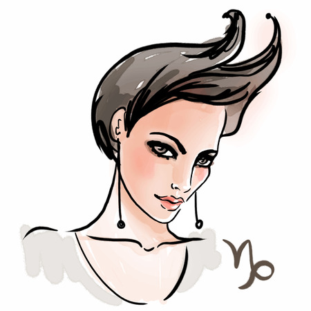 Capricorn zodiac sign as a beautiful girl. Ink and watercolor fashion vector illustrationのイラスト素材