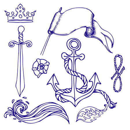 Hand drawn old school looking marine sketches setのイラスト素材