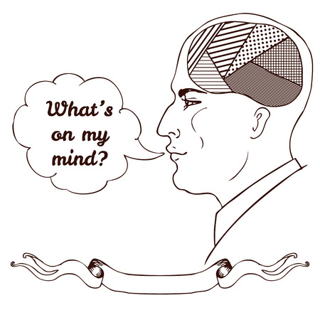 intage style Illustration of a of human face, speech bubble and brain, infographics chart concept.のイラスト素材