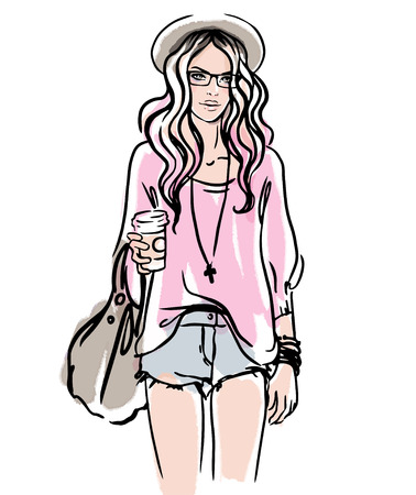 Urban street style: Pretty hipster girl with pink hair holding coffee cup portrait isolated on white background, sketchy style fashion vector illustrationのイラスト素材