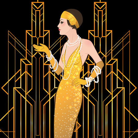 Flapper girl: Retro party invitation design template. Vector illustration.のイラスト素材