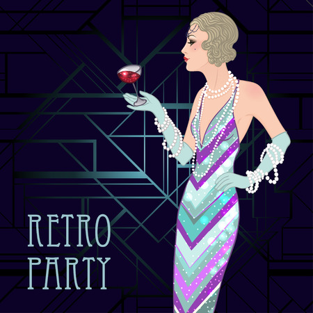 Flapper girl: Retro party invitation design template. Vector illustration.のイラスト素材