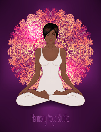 Beautiful African American Girl sitting in Lotus pose with ornate mandala on background. Vector illustration. Spa consent, yoga studio, or natural medicine clinic.のイラスト素材