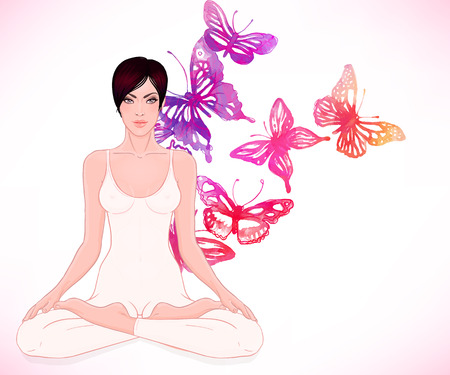 Beautiful Caucasian Girl with long hair sitting in Lotus pose with butterflies on background. Vector illustration. Spa consent, yoga studio, or natural medicine clinic.のイラスト素材