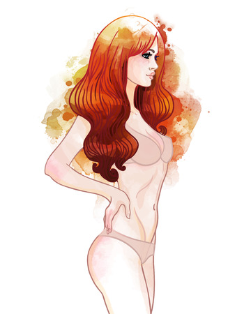 Watercolor illustration of pretty woman in underwear. Vector.のイラスト素材