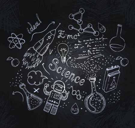 Back to School: science lab objects doodle vintage style sketches seamless pattern, vector illustration.のイラスト素材