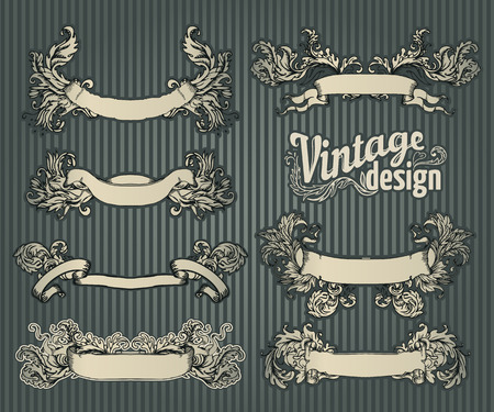 Vintage design elements set. Ribbon with floral decor. Vector illustration.のイラスト素材