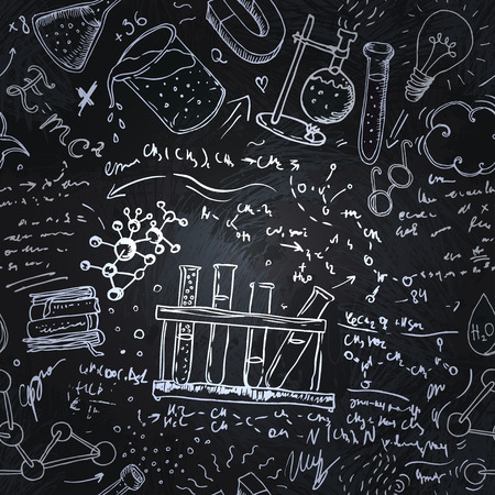 Back to School: science lab objects doodle vintage style sketches seamless pattern, vector illustration.のイラスト素材