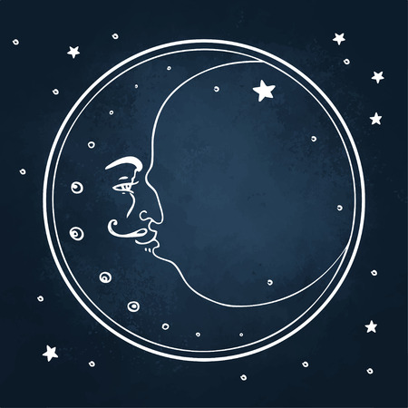 Moon and stars on a blackboard. Vector illustration in vintage engraving style.のイラスト素材