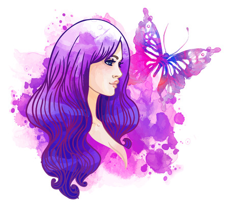 Amazing watercolor background with pretty girl and butterfly. Vector art isolated on whiteのイラスト素材