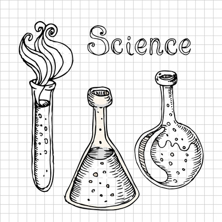 Back to school: Doodle style science laboratory beakers and test tubes illustration in vectorのイラスト素材