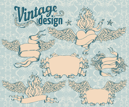 Vintage design elements set. Ribbon with floral decor. Vector illustration.のイラスト素材
