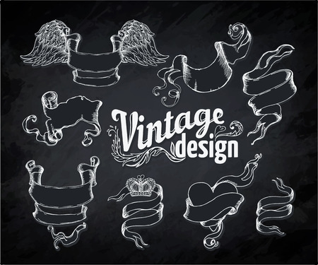 Vintage engraved decorative ornate vector design elements. Chalk illustration over a blackboardのイラスト素材