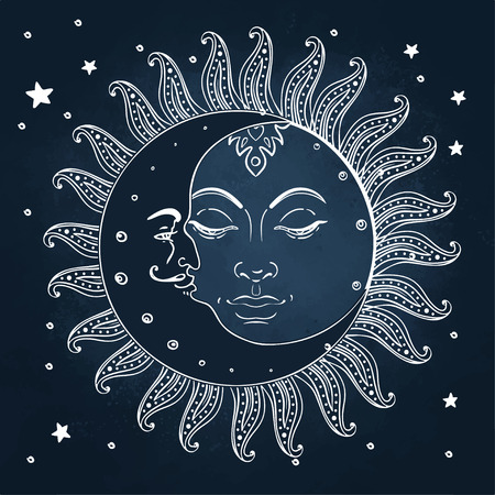 Sun and moon. Vector illustration in vintage engraving style.のイラスト素材