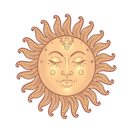 Golden Sun. Vector illustration in vintage engraving style isolated on white.のイラスト素材