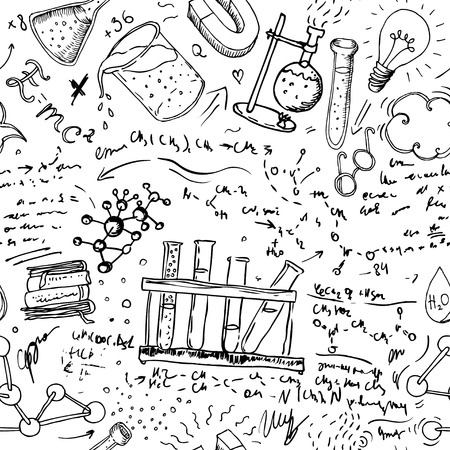 Back to School: science lab objects doodle vintage style sketches seamless pattern, vector illustration.のイラスト素材