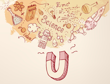 Back to School: science lab objects with magnet, educational concept, vector illustration isolated on beige.のイラスト素材