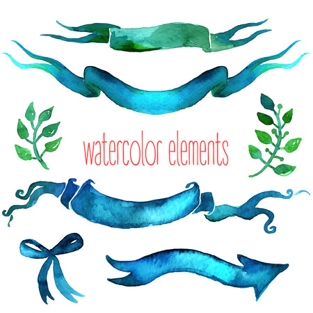 Boho style wedding invitation elements set. Ribbons. Watercolor illustration.のイラスト素材