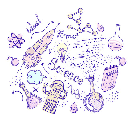 Back to School: science lab objects doodle vintage style sketches seamless pattern, vector illustration.のイラスト素材