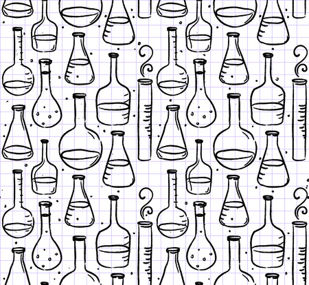 Back to school: Doodle style science laboratory beakers and test tubes illustration seamless patternのイラスト素材