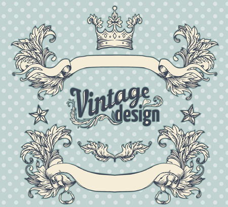 Vintage design elements set. Ribbon with floral decor. Vector illustration.のイラスト素材