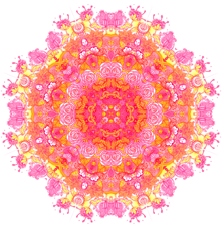 Detailed floral silk scarf design. Round shaped ornate pattern. Roses and other flower. Print for fabric, trendy t-shirt, rug or yoga pad. の写真素材