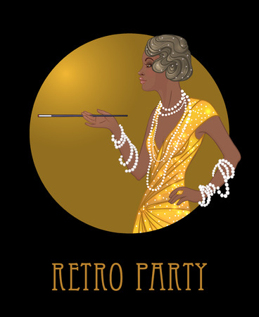Retro fashion: glamour girl of twenties (African American woman). Vector illustration. Flapper  20's style. Vintage party invitation design template. Fancy black lady.のイラスト素材
