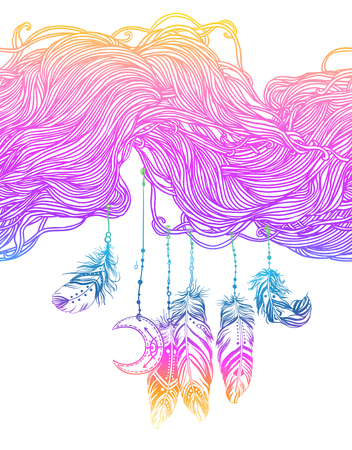 Vector pink abstract hand-drawn pattern with painted bird feathers. Stylish illustration in boho style isolated on white. Fabrics, textiles, paper, wallpaper. Retro hand drawn ornament.のイラスト素材