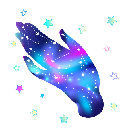 Open hands with galaxy inside.  Hand drawn illustration. Occult design vector illustration.Tattoo flash design. Vector isolated on white. Astrology, astronomy, stars. Sacred Spirit.のイラスト素材