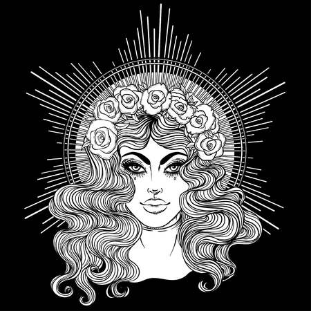 Madonna, Lady of Sorrow. Devotion to the Immaculate Heart of Blessed Virgin Mary, Queen of Heaven. Vector illustration isolated. Coloring book for adults. Tattoo design.のイラスト素材