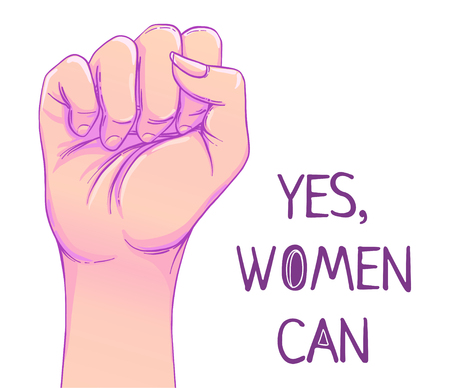 Yes, Women Can. Woman's hand with her fist raised up. Girl Power. Feminism concept. Realistic style vector illustration in pink  pastel goth colors isolated on white. Sticker, patch graphic design.