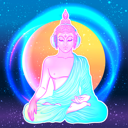 Modern Buddha listening to the music in headphones in neon colors isolated on white. Vector illustration. Vintage psychedelic composition. Indian, Buddhism, trance music. Sticker, patch design.のイラスト素材