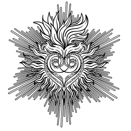 Sacred Heart of Jesus with rays. Vector illustration black isolated on white. Trendy Vintage style element. Spirituality, occultism, alchemy, magic, love. Coloring book for adults.のイラスト素材