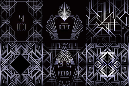 Art Deco vintage patterns and design elements. Retro party geometric background set (1920's style). Vector illustration for glamour party, thematic wedding or textile prints.のイラスト素材