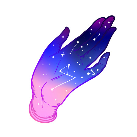 Open hands with galaxy inside.  Hand drawn illustration. Occult design vector illustration.Tattoo flash design. Vector isolated on white. Astrology, astronomy, stars. Sacred Spirit.のイラスト素材
