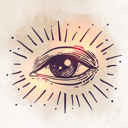 Vector illustration of human eye in engraved style. Hand drawing atrwork iover beige.のイラスト素材