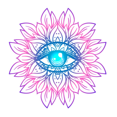 Sacred geometry symbol with all seeing eye in acid colors. Mystic, alchemy, occult concept. Design for indie music cover, t-shirt print, psychedelic poster, flyer. Astrology, esoteric, religion.のイラスト素材