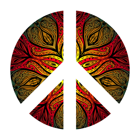 Peace Hippie Symbol over decorative ornate background.  Freedom, spirituality, occultism, textiles art. Vector illustration for t-shirt print isolated on white  background.のイラスト素材