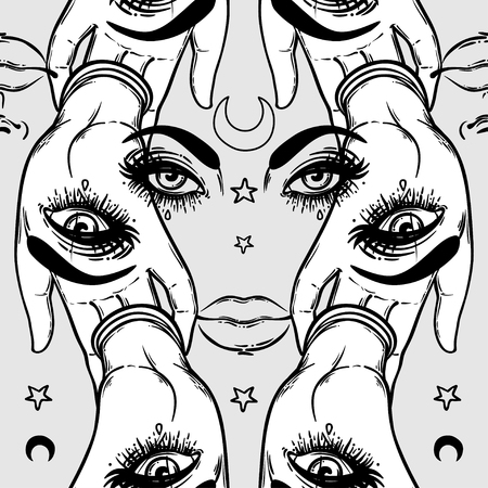 Seamless pattern with hands with the all-seeing eye on the palm. Occult design vector illustration. Ink tattoo flash design. Vector illustration. Astrology, Sacred Spirit. Masonic sign.のイラスト素材